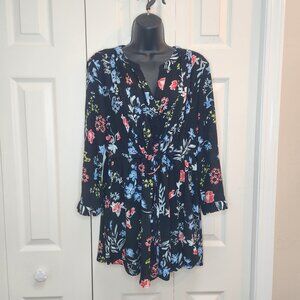 Hilary Radley Black Floral Blouse Sz Large Button Front Tie Waist Adjust Sleeves